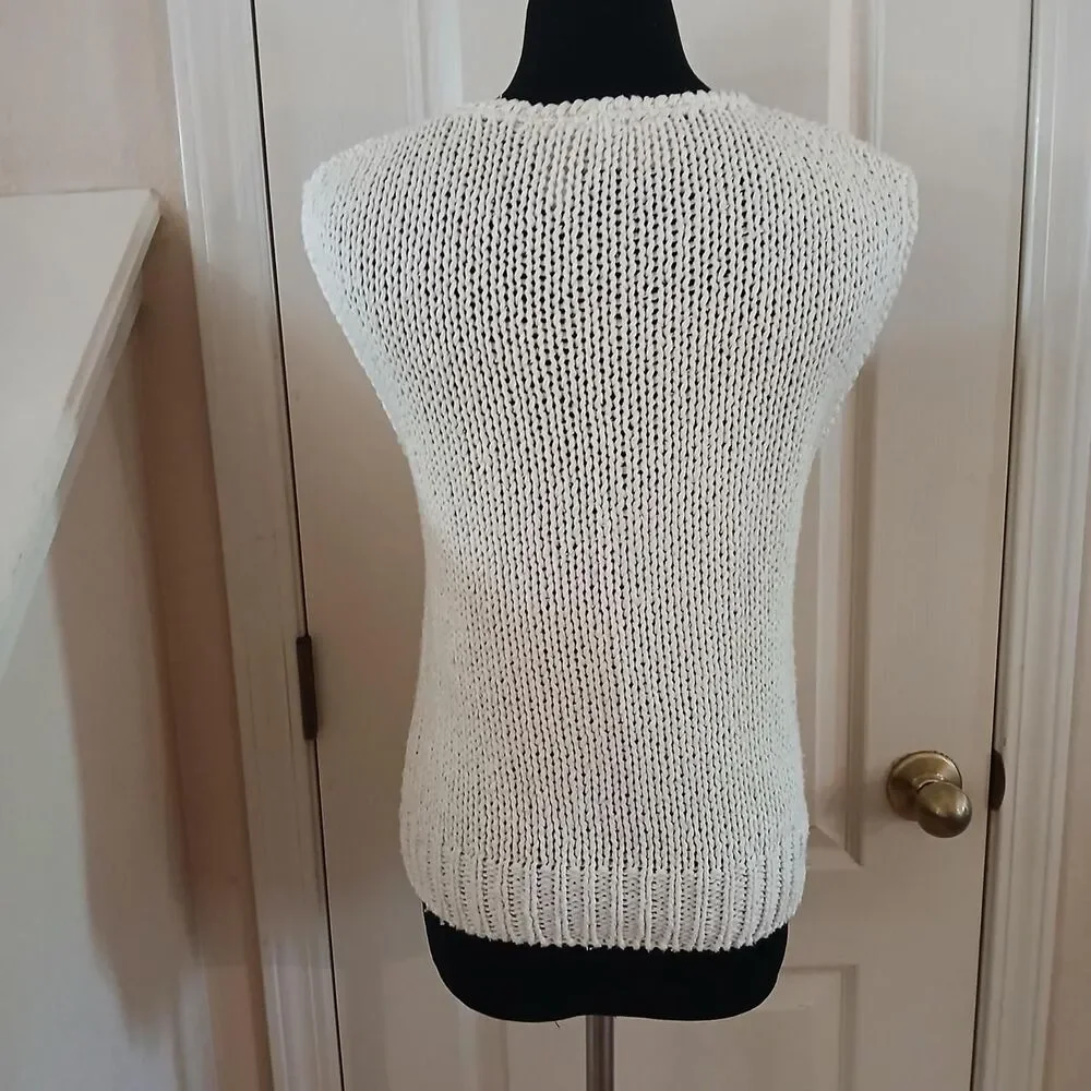 Vintage 80s Donagain Cream Chunky Knit Sweater Vest Textured Pattern M Academia